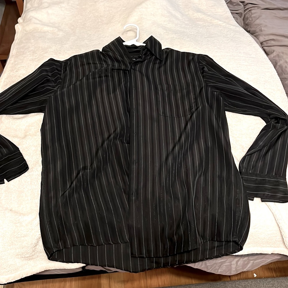Men's casual black striped shirt gently used see pictures for measurement